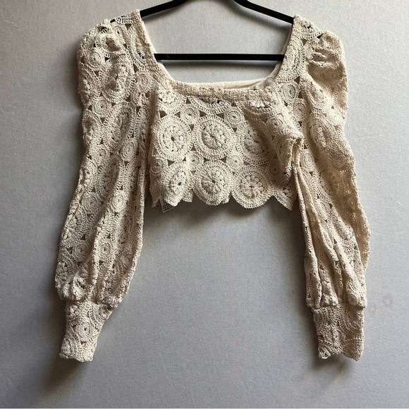 Zara Cream Crochet Women's Long Sleeve Top Sz S - Picture 4 of 8
